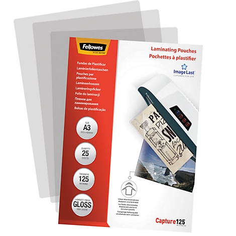 Transparent laminating pouches and product packaging with information on size, quantity and gloss.