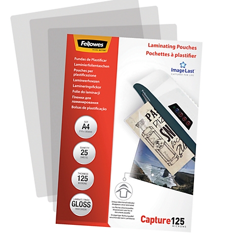 Product packaging with laminating pouches. Inscriptions: Fellowes, A4, 25, 125, Gloss. Transparent foils in the background.