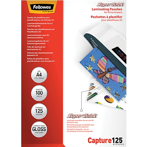 Product packaging of Fellowes Super Quick laminating pouches. The text includes product features and size information.