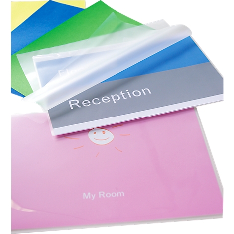 Several colorful sheets of paper with protective films, including: Entrance, my room. A smiling face is depicted on a pink sheet.
