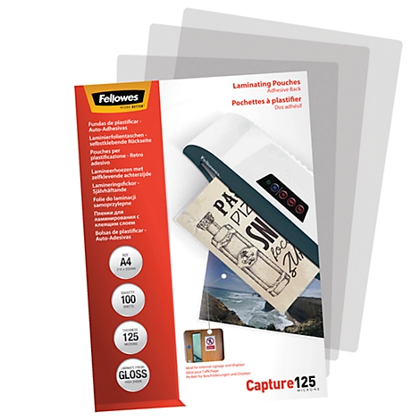 A white background featuring laminating pouches and product packaging. The packaging says Fellowes, A4, 100, 125, GLOSS and Capture125.