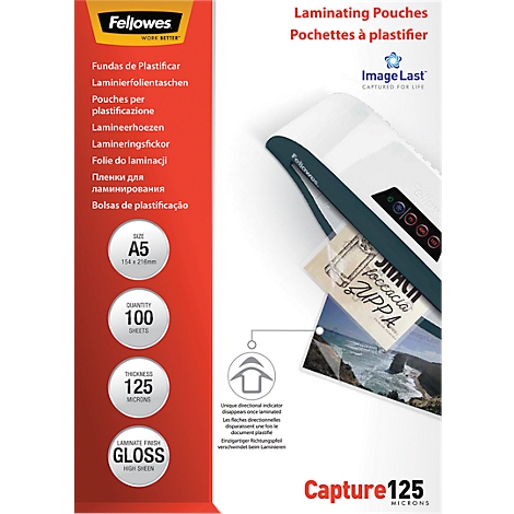 White laminator with A5 size laminating pouches, red background. Prints: Fellowes, Laminating Pouches, size A5, 100 sheets, 125 microns, gloss.
