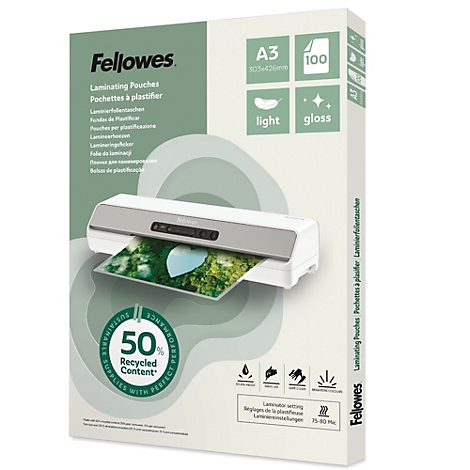 Een verpakking Fellowes lamineerhoezen, A3, 100 vellen, licht en glans. De verpakking toont een lamineermachine die een afbeelding lamineert. 50% gerecycled materiaal.
