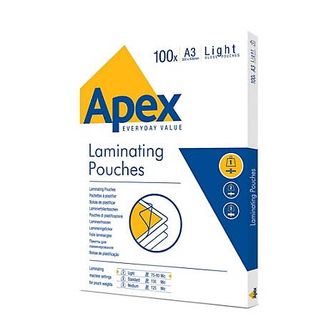 Eine Packung Apex A3 Laminierfolien, 100 Stück, in weißer Box mit gelbem Logo und blauen Akzenten.