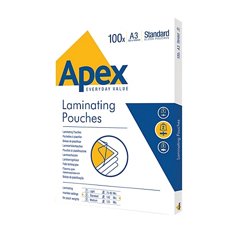 Packung mit 100 Apex A3 Standard Laminierfolien, weißer Karton mit blauem und gelbem Branding.