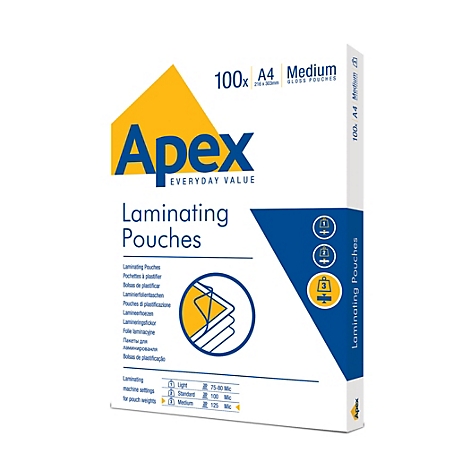 Packung mit 100 Apex A4 Laminierfolien, mittlere Stärke, in einer weißen Verpackung mit blauem und gelbem Branding.