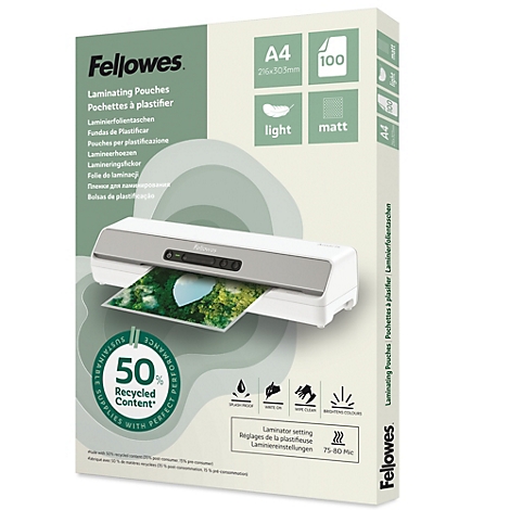 Eine laminierte A4-Dokumententasche von Fellowes, mit einer Laminierfolie, die ein Bild ausgibt, 50% recycelter Inhalt.