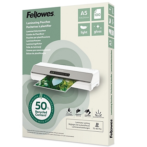 Eine Verpackung Laminierfolien von Fellowes mit einer Abbildung einer Laminierfolie und den Angaben A5, 100 Blatt, light und gloss.