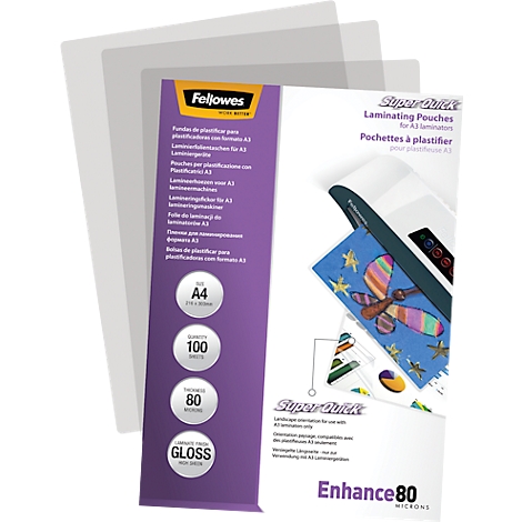 Fellowes Laminierfolien A4, 100 Stück, 80 Mikron Glanz, in einer violetten Produktverpackung.