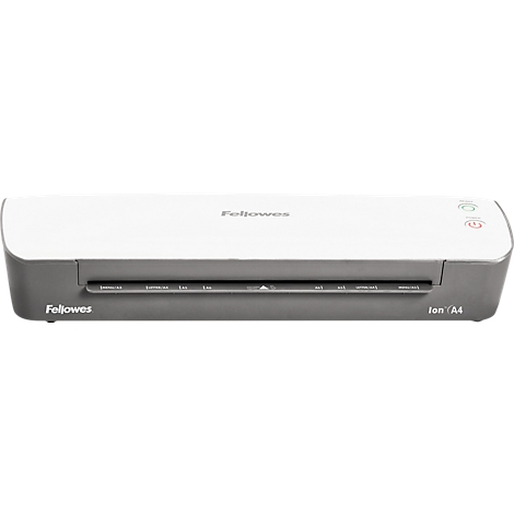 Grau-weißer Laminator von Fellowes; Bedienknöpfe oben rechts; Schriftzug Fellowes; Ion A4.