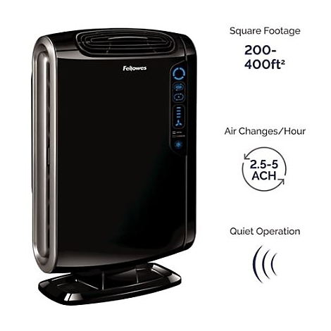 Purificateur d'air noir avec panneau de commande bleu, détails sur la portée et le bruit.