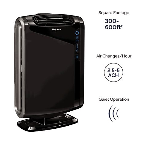Schwarzer Luftreiniger mit silbernen Akzenten, Anzeigen und Beschriftungen: Fellowes, 300-600ft², 2,5-5 ACH, leiser Betrieb.