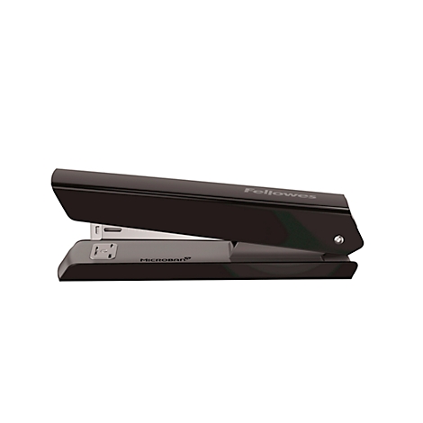 Black stapler with the inscription Fellowes. The stapler is partially open to show the staples.
