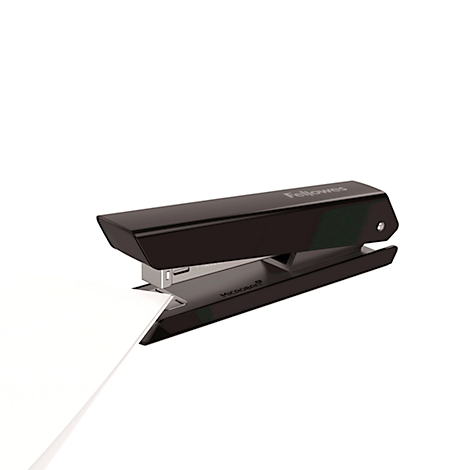 Black stapler fastening a sheet of paper. The name Fellowes is visible on top.