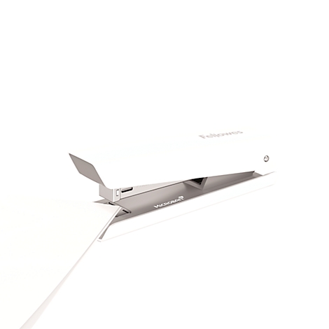 A white stapler stapling a sheet of paper. The stapler says "Fellowes" and "Microban".