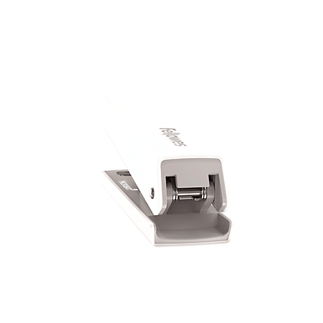 Gray stapler against a white background. “Fellowes” is written on the side.