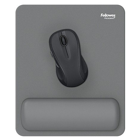 Graue Schreibtischunterlage mit Handgelenkauflagen und Handballenauflagen. Eine Tablet Unterlage rundet das Ensemble ab.