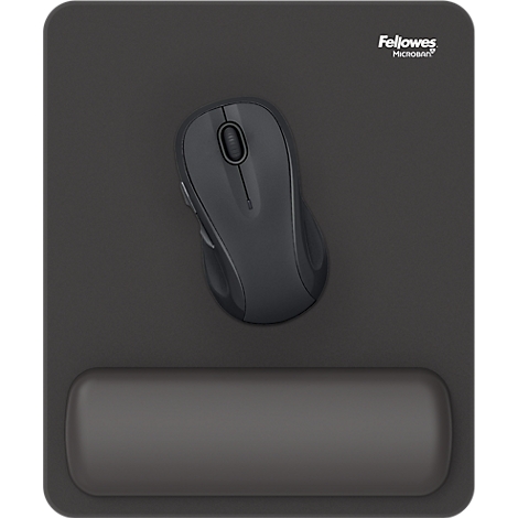 Schwarzes Mauspad mit Handgelenkauflage und kabelloser Maus. Fellowes Logo rechts oben.