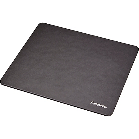 Schwarzes rechteckiges Mousepad mit abgerundeten Ecken, Hersteller Fellowes.