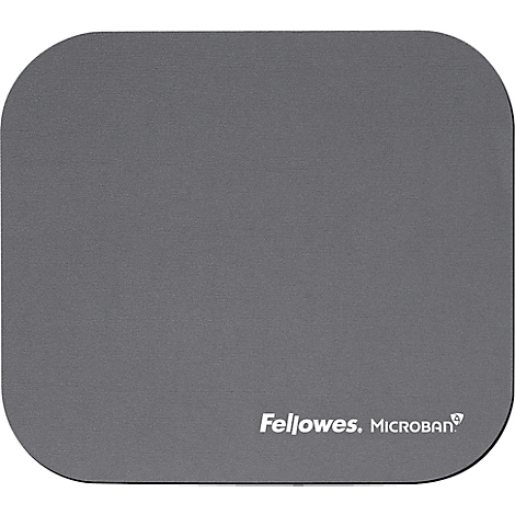 Graues Mousepad mit abgerundeten Ecken, Herstellerlogo "Fellowes. MICROBAN".