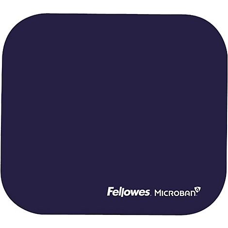 Rechteckige dunkelblaue Mausunterlage mit abgerundeten Ecken. Unten rechts steht weiß "Fellowes. MICROBAN."