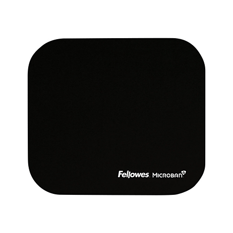 Schwarzes Mauspad mit abgerundeten Ecken. Der Schriftzug "Fellowes MICROBAN" ist unten rechts abgebildet.