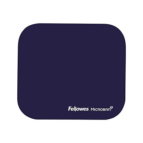 Dunkelblaues Mousepad mit abgerundeten Ecken. Unten rechts Logo von Fellowes Microban.