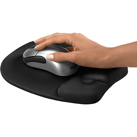 Hand on ergonomic mouse with wrist rest.