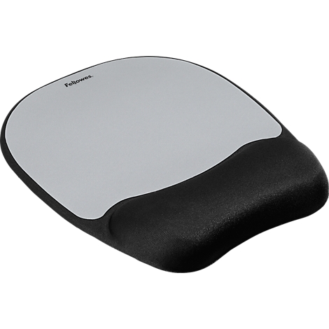 Gray mouse pad with black wrist rest. The pad says "Fellowes."