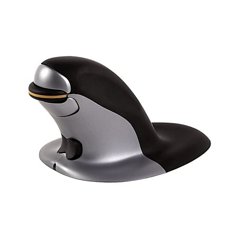 Ergonomische Maus in Schwarz und Silber, mit gelbem Akzent. Die Maus hat eine ungewÃ¶hnliche Form, die Hand bequem positioniert.