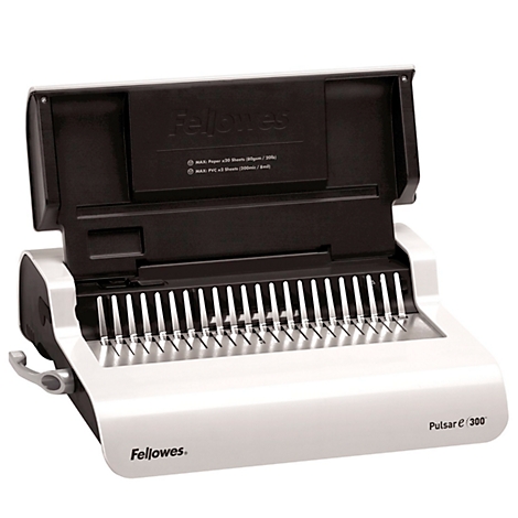 White and black "Fellowes Pulsar e 300" binding machine with open lid, silver tines and company logo.