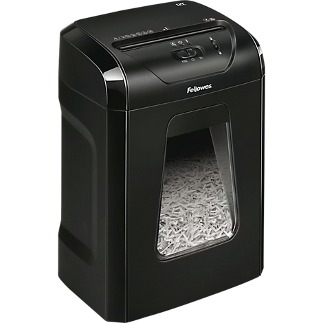 Black Fellowes paper shredder, partially filled with shredded paper, visible window.