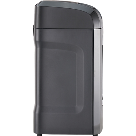 Side view of a dark, rectangular shredder with a rounded top.