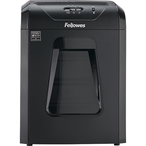 Black paper shredder with controls and viewing window. Fellowes lettering.