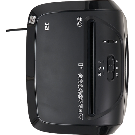 Black paper shredder, top view. Control panel with various symbols and an on/off switch. Model name "12C".