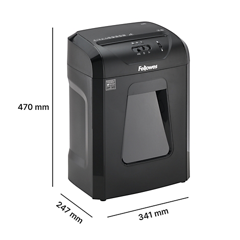 Black paper shredder. Dimensions: 470 x 247 x 341 mm. Fellowes logo.