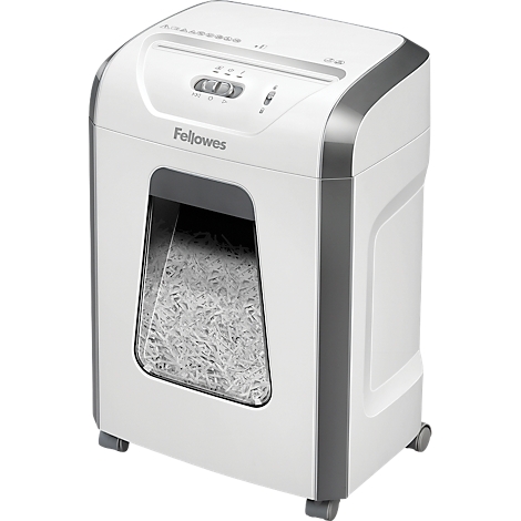 White paper shredder with control panel, collection container for shredded paper. Brand: Fellowes.
