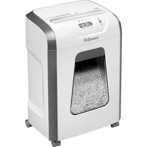 White paper shredder with gray accents. The viewing window shows shredded paper. "Fellowes" is written on the device.