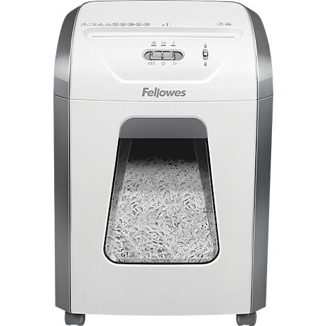 A white paper shredder with a transparent window filled with shredded paper. The word 'Fellowes' is visible on the front.