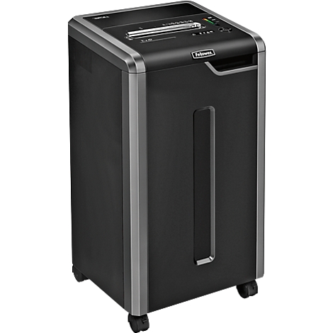 Black paper shredder. On castors, with paper feed. Metallic accents.