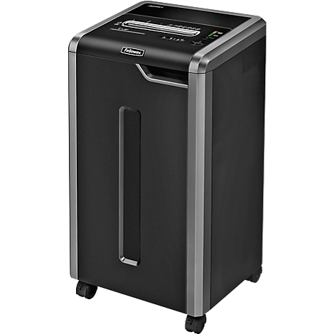 Black paper shredder, on wheels. Silver accents. Fellowes brand. Paper feed at the top.