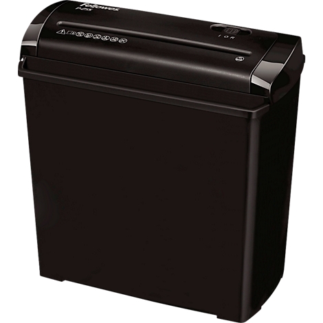 Black paper shredder, front view. The feed opening is at the top. A control panel is on the right.