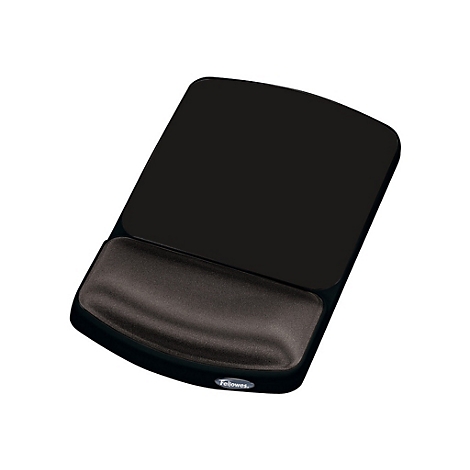 Schwarzes, rechteckiges Mousepad mit Handgelenkauflage. Auf dem Pad befindet sich ein grauer Schriftzug.