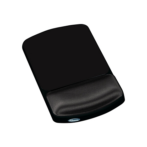 Schwarzes ergonomisches Mauspad mit Handgelenkauflage. Logo auf der Vorderseite.