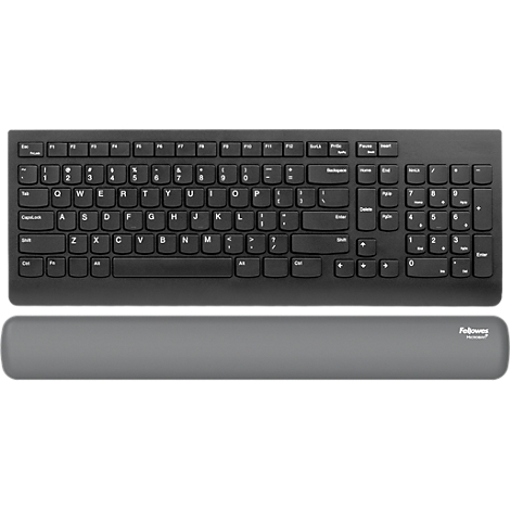 Clavier d'ordinateur noir avec repose-poignet, visible en détail. Fellowes est écrit sur le repose-poignet.