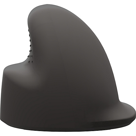 Souris verticale ergonomique grise. Molette de défilement en haut, une encoche sur le côté. Port USB-C en bas.