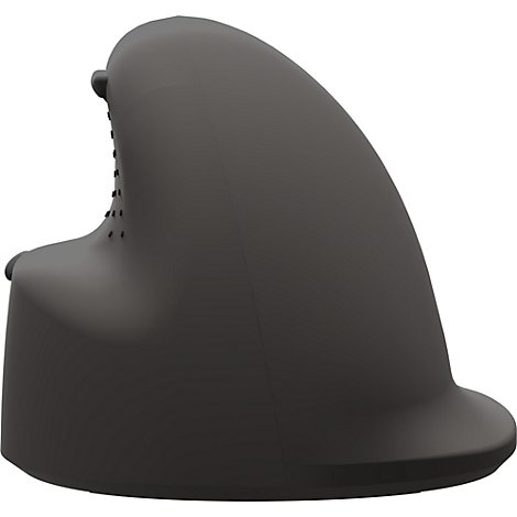 Clavier noir, repose-poignet et souris ergonomique sur un tapis de bureau gris, sur une table en bois clair.