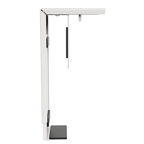 Support de moniteur blanc avec des accents noirs.