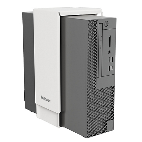 Un PC de bureau gris avec un support blanc sur lequel est inscrit "Fellowes".
