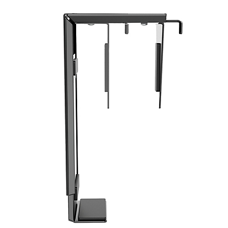 Support noir pour un boîtier PC, à monter sous un plateau de table. Le support est en métal et possède une base rectangulaire avec un bras incliné.
